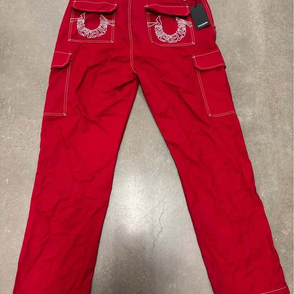 True Religion Cargo Pants Red White Contrast Stitch Mens 34